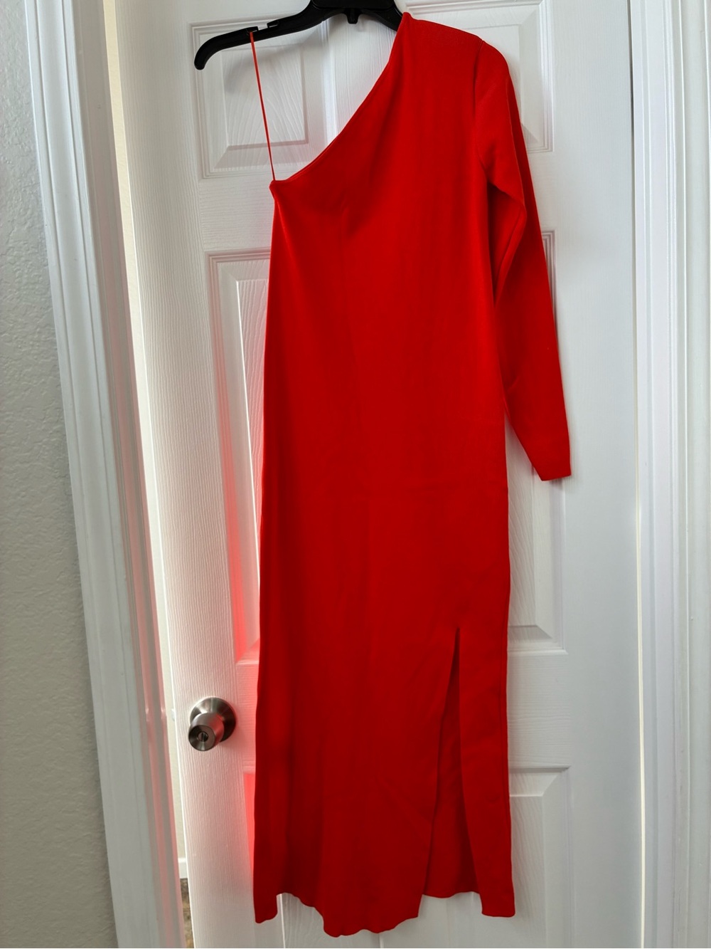Zara One-Shoulder Orange/Red Maxi Bodycon Dress with Long Sleeve and Split